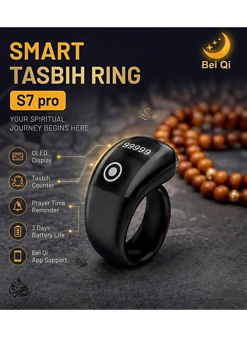 Smart Digital Tasbih Ring S7 Pro with OLED Display, App Connectivity, Prayer Reminder, Rechargeable Zikr Counter Ring, 3 Adjustable Sizes (18mm/20mm/22mm), Black - Image 1