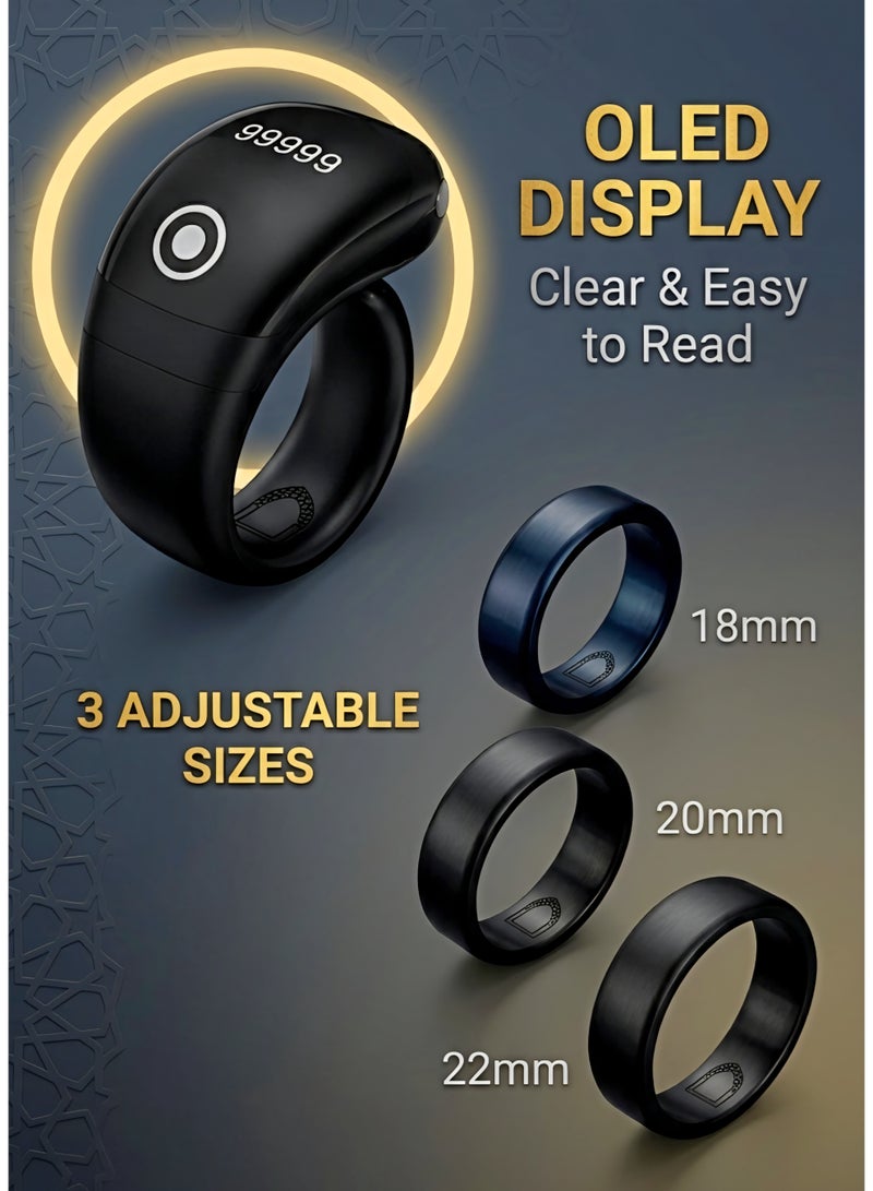 Smart Digital Tasbih Ring S7 Pro with OLED Display, App Connectivity, Prayer Reminder, Rechargeable Zikr Counter Ring, 3 Adjustable Sizes (18mm/20mm/22mm), Black - Image 3