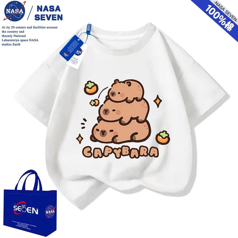 Nasa Summer Capybara Pure Cotton T-Shirt for Boys and Girls Cartoon Capybara Short-Sleeved Style Medium and Large Children's Tops - Image 3