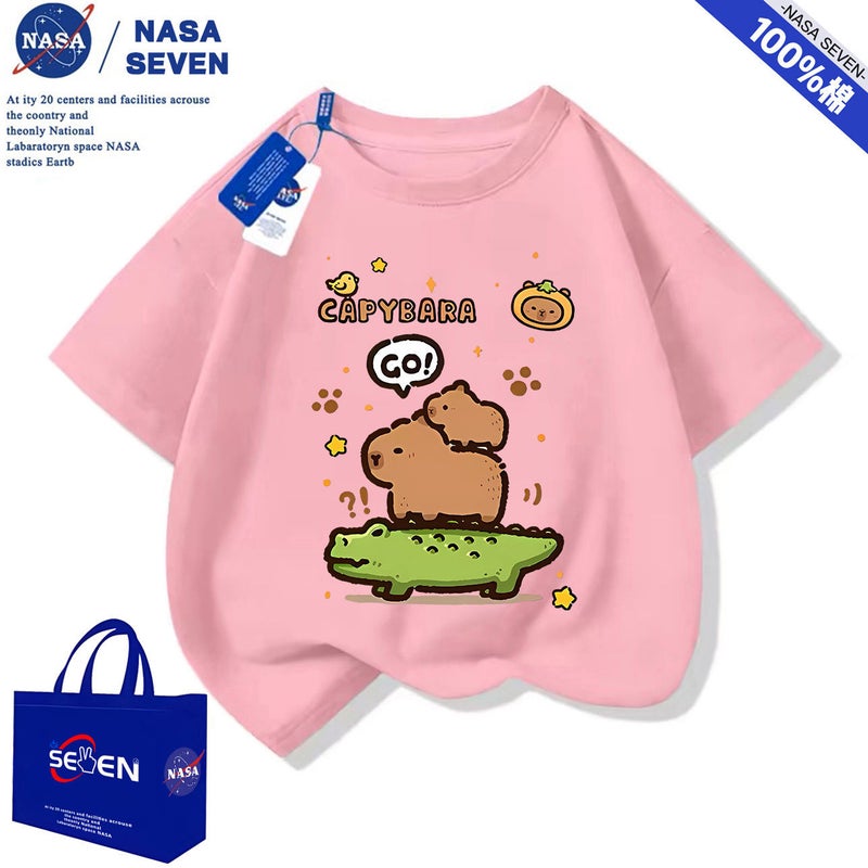 Nasa Summer Capybara Pure Cotton T-Shirt for Boys and Girls Cartoon Capybara Short-Sleeved Style Medium and Large Children's Tops - Image 1