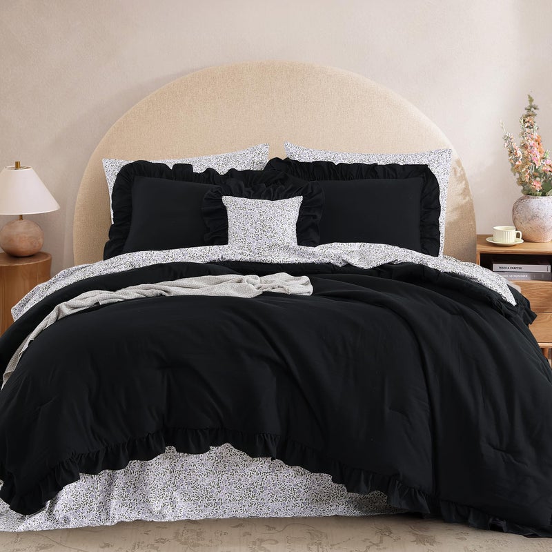 BLOOMHAVEN Queen Comforter Set - 7 Pieces Ruffle Black Bedding Sets, Shabby Chic Farmhouse Bed in a Bag Queen with Ruffle Comforter, Floral Sheets, Pillowcases & Shams - Image 1