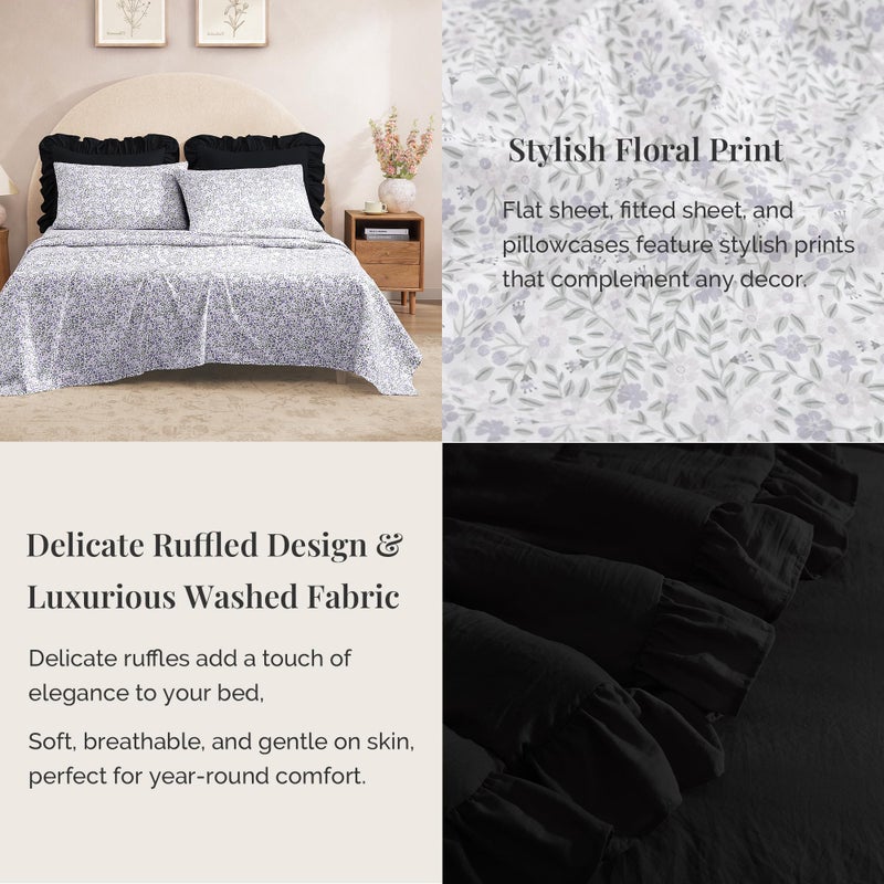 BLOOMHAVEN Queen Comforter Set - 7 Pieces Ruffle Black Bedding Sets, Shabby Chic Farmhouse Bed in a Bag Queen with Ruffle Comforter, Floral Sheets, Pillowcases & Shams - Image 4