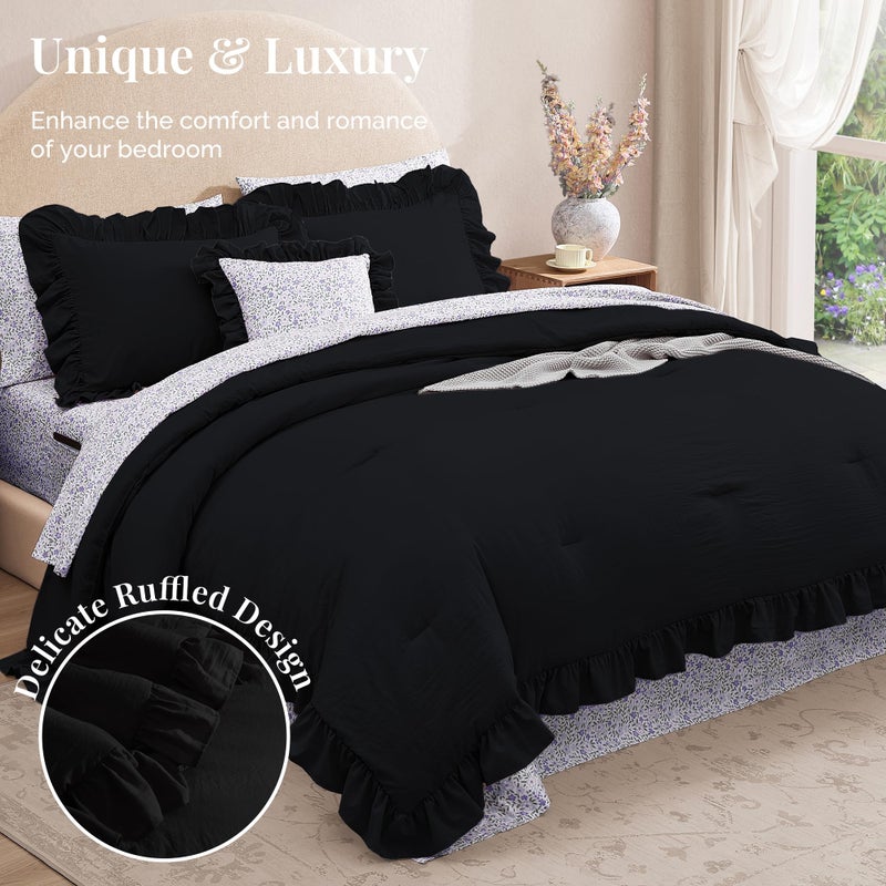 BLOOMHAVEN Queen Comforter Set - 7 Pieces Ruffle Black Bedding Sets, Shabby Chic Farmhouse Bed in a Bag Queen with Ruffle Comforter, Floral Sheets, Pillowcases & Shams - Image 2