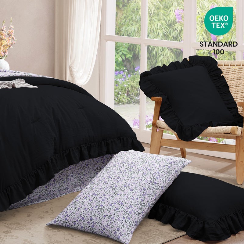 BLOOMHAVEN Queen Comforter Set - 7 Pieces Ruffle Black Bedding Sets, Shabby Chic Farmhouse Bed in a Bag Queen with Ruffle Comforter, Floral Sheets, Pillowcases & Shams - Image 5