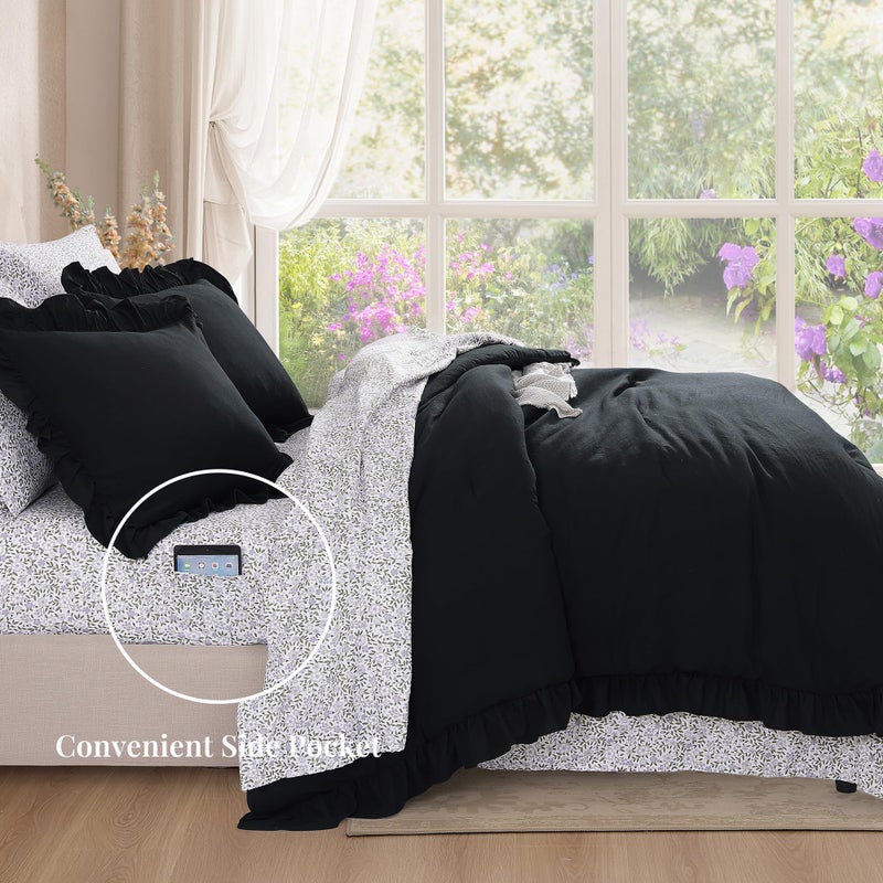 BLOOMHAVEN Queen Comforter Set - 7 Pieces Ruffle Black Bedding Sets, Shabby Chic Farmhouse Bed in a Bag Queen with Ruffle Comforter, Floral Sheets, Pillowcases & Shams - Image 3