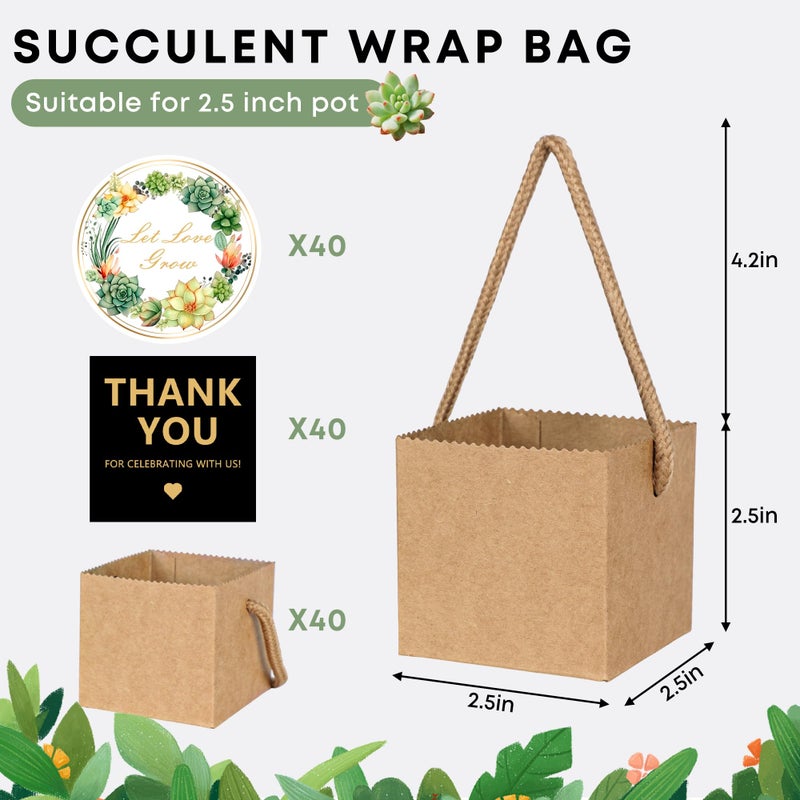 ULLIKI 2.5 Inch Succulents Wrap Bags with Thank You & Let Love Grow Stickers, Party Favor Boxes for Baby Shower Favors for Guests, Mini Gift Bags with Handles for Wedding Favors for Guests (Brown 40pcs) - Image 2