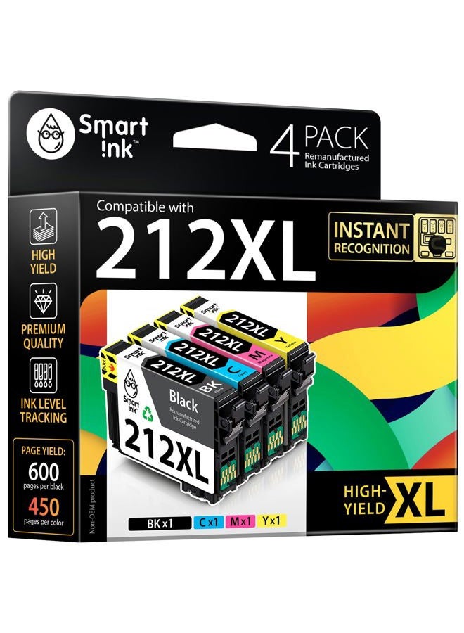 Smart Ink Remanufactured Ink Cartridge Replacement for Epson T212 212XL 212 XL (BK/C/M/Y 4 Combo Pack) to use with Workforce WF-2830 WF-2850 Expression Home XP-4100 XP-4105 - Image 1