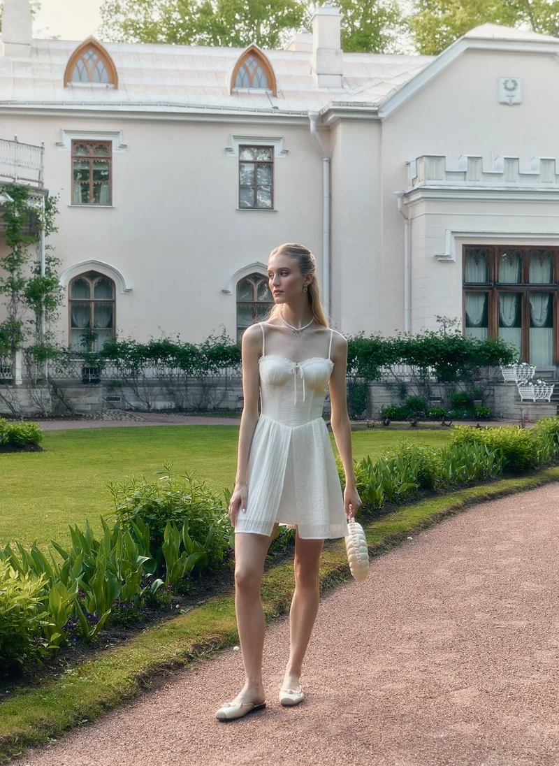 Lichi Mini strappy dress with lace ruffles on the bodice