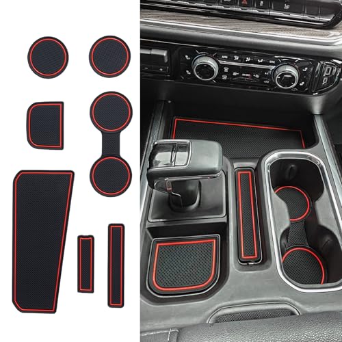 TOPINSTALL 7PCS Console Liners Compatible with 2023-2025 Chevy Silverado/GMC Sierra 1500 & 2022 Refreshed 1500 Models, Premium Rubber Non-Slip Cup Holder Mats, Red-Full Console w/Bucket Seats ONLY - Image 1