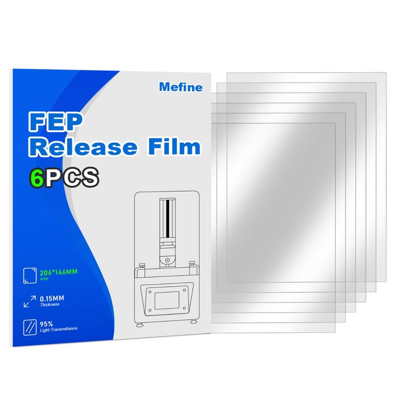 Mefine 6PCS FEP Film 206x146x0.15mm for ANYCUBIC Photon, Photon S, Mono 4K, ELEGOO Mars 2 Pro, Mars 3, Mars 3 Pro, Phrozen Sonic Mini 4K, Creality Halot-one, LD-002H LCD 3D Printer Resin Fep Replacement - Image 1