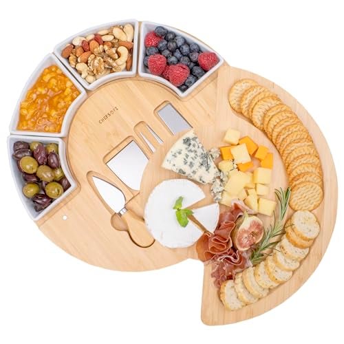 ChefSofi Charcuterie Board Set and Cheese Serving Platter - Made from Bamboo Wood - US Patented 13 inch Cheese Board and Knife Set for Entertaining and Serving - 4 Knives and 4 Bowls - Image 1