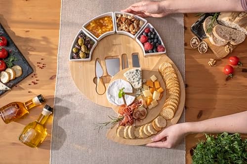 ChefSofi Charcuterie Board Set and Cheese Serving Platter - Made from Bamboo Wood - US Patented 13 inch Cheese Board and Knife Set for Entertaining and Serving - 4 Knives and 4 Bowls - Image 3