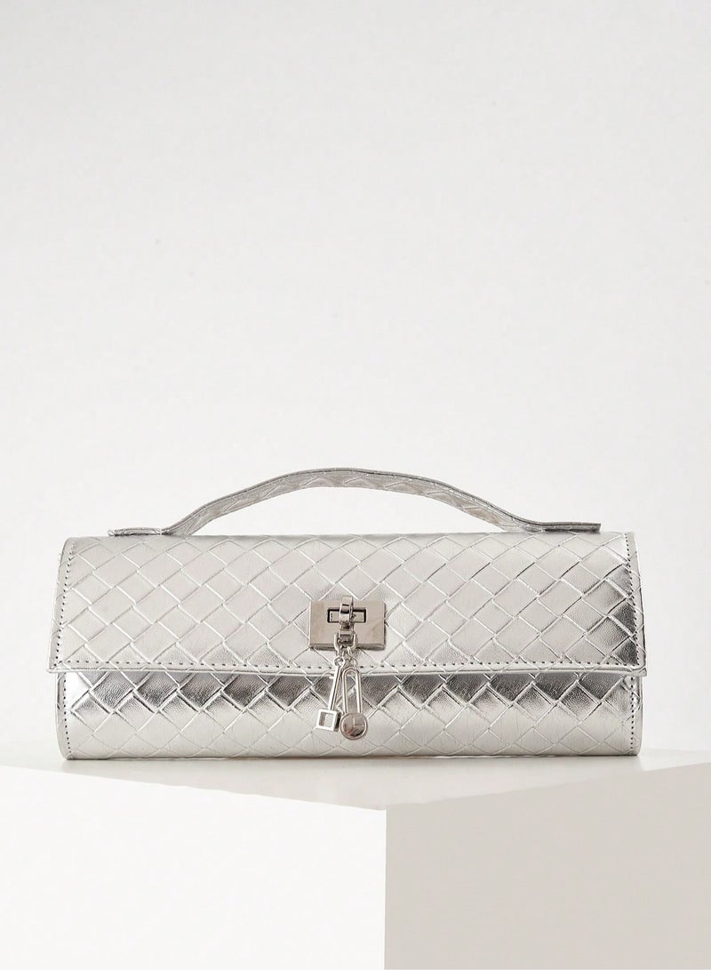Women's Silver Evening Bag with Quilted Design and Metal Chain Strap - Image 2