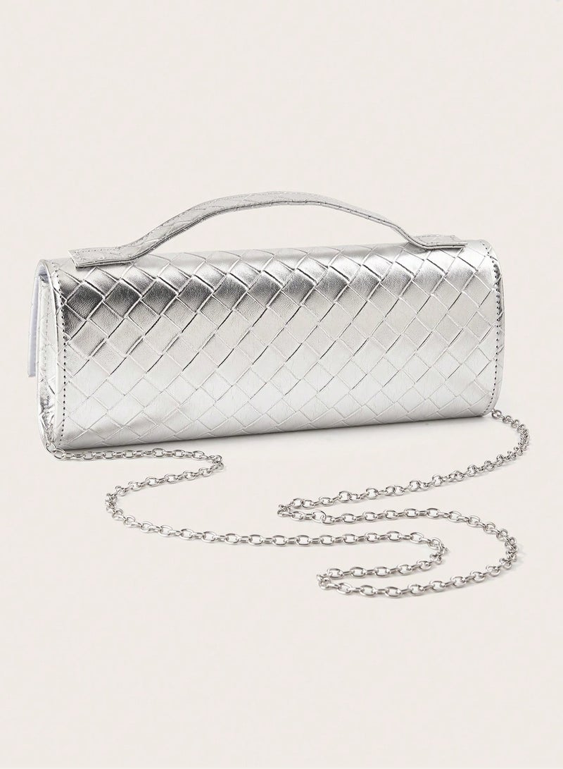 Women's Silver Evening Bag with Quilted Design and Metal Chain Strap - Image 4