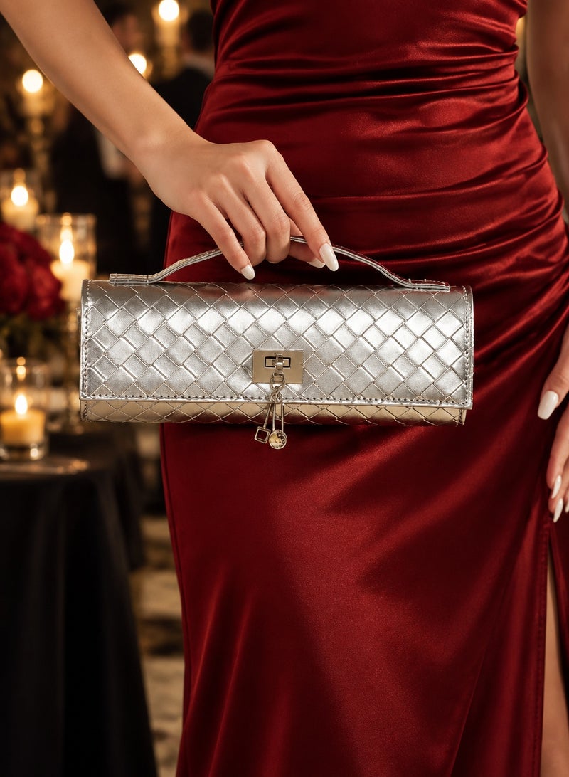 Women's Silver Evening Bag with Quilted Design and Metal Chain Strap - Image 1