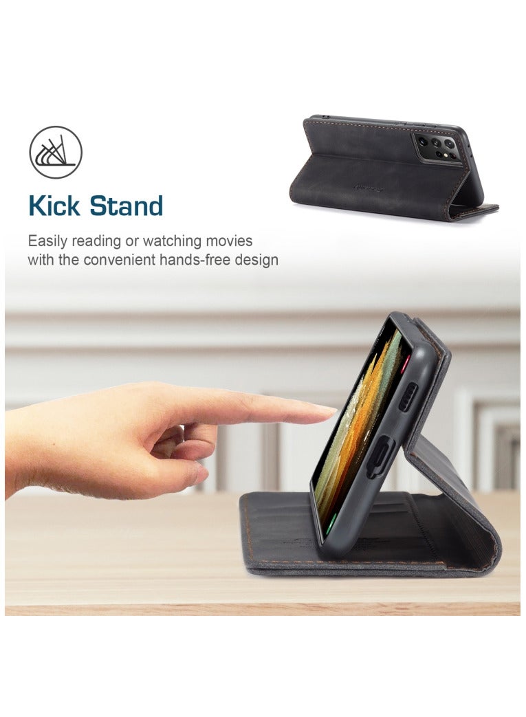 CaseMe Samsung Galaxy S21 Ultra Case Wallet, for Samsung Galaxy S21 Ultra Wallet Case Book Folding Flip Folio Case with Magnetic Kickstand Card Slots Protective Cover - Black - Image 4