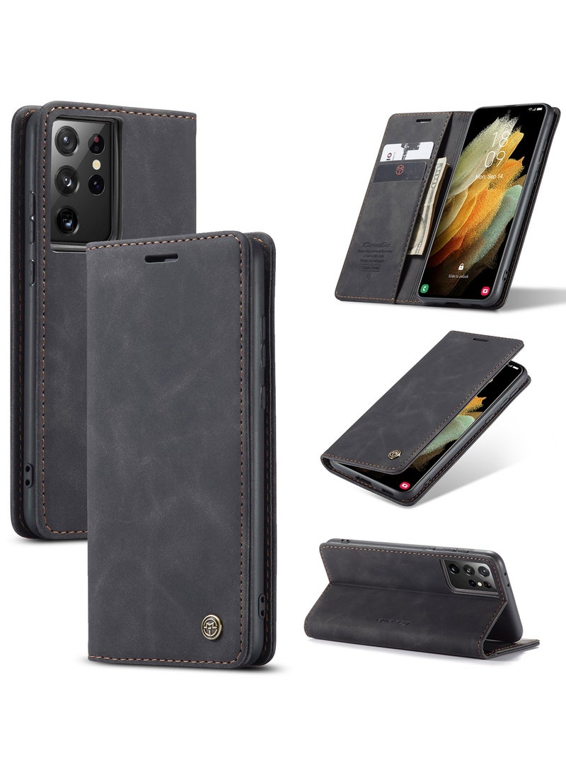 CaseMe Samsung Galaxy S21 Ultra Case Wallet, for Samsung Galaxy S21 Ultra Wallet Case Book Folding Flip Folio Case with Magnetic Kickstand Card Slots Protective Cover - Black - Image 1