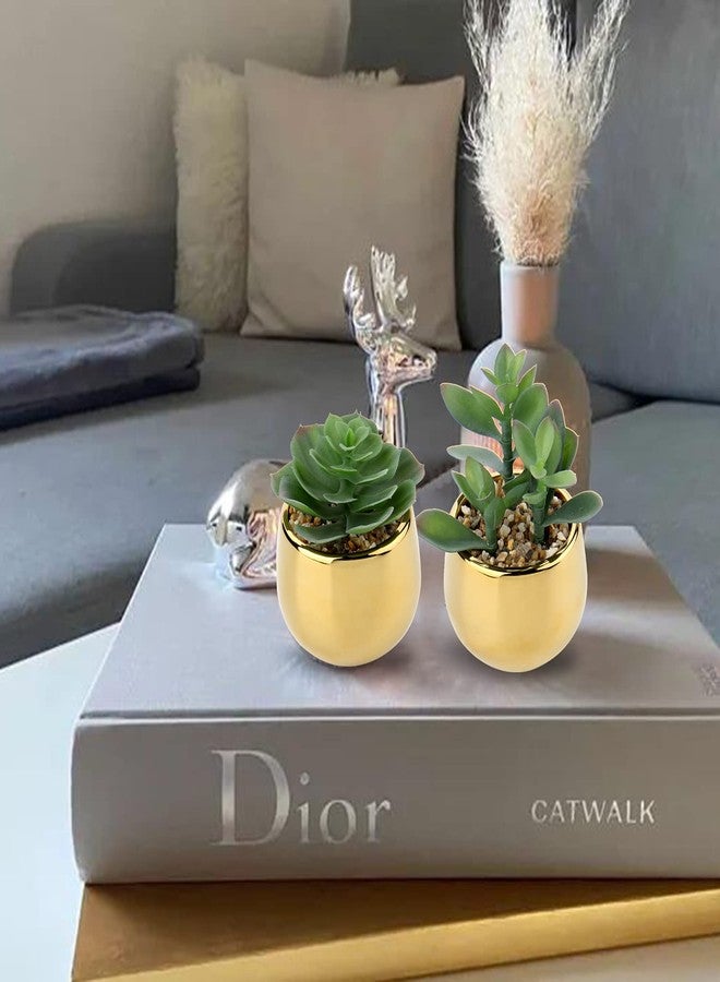 Briful Small Artificial Succulents in Pots Set of 2 Realistic Faux Succulents Plants with Gold Ceramic Pots Cute Mini Fake Plants Decor for Modern Home Table Office Desk Bathroom Shelf Decoration - Image 2