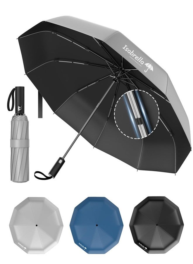 ISABRELLA Umbrella for Women - 10-Rib Folding Umbrella with UV Protection, Black Coating, Wind & Rain Resistant, Safe Close Design, Durable, Lightweight, and Compact for Travel (GREY) - Image 1