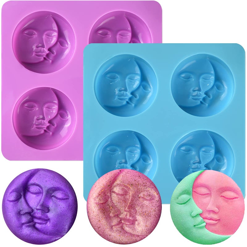 2 Pcs Silicone Soap Molds Sun  Moon Face Soap Molds for Soap Making Bath Bomb Molds for Bath Bomb Chocolate Candle Valentine Wedding Gift
