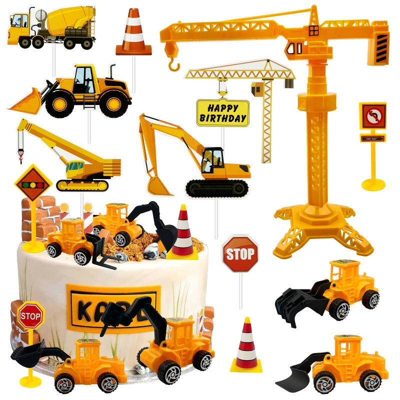 Morofme 21pcs Construction Cake Toppers Vehicles Cake Decorations Truck Excavator Tower Crane Cupcake Topper Bulldozer Backhoe Traffic Road Sign Cake Decor Construction Theme Birthday Party Supplies - Image 2