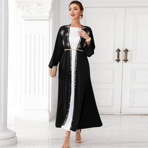 IDOPIP Muslim Abayas for Women Long Sleeve Open Front Cardigan with Belt Rhinestone Applique Maxi Kaftan Dress Islamic Dubai Robe Middle East Loose Full Cover Ramadan Prayer Dress Clothes Black M - Image 3