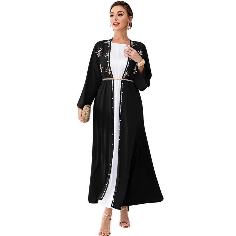 IDOPIP Muslim Abayas for Women Long Sleeve Open Front Cardigan with Belt Rhinestone Applique Maxi Kaftan Dress Islamic Dubai Robe Middle East Loose Full Cover Ramadan Prayer Dress Clothes Black M - Image 2