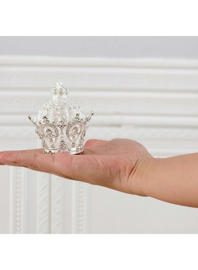 SEVENBEES Hinged Silver Crown Trinket Box, Collectible, Rhinestone-Adorned, Jeweled Enamel, Decorative Jewelry and Ring Holder Box - Image 3
