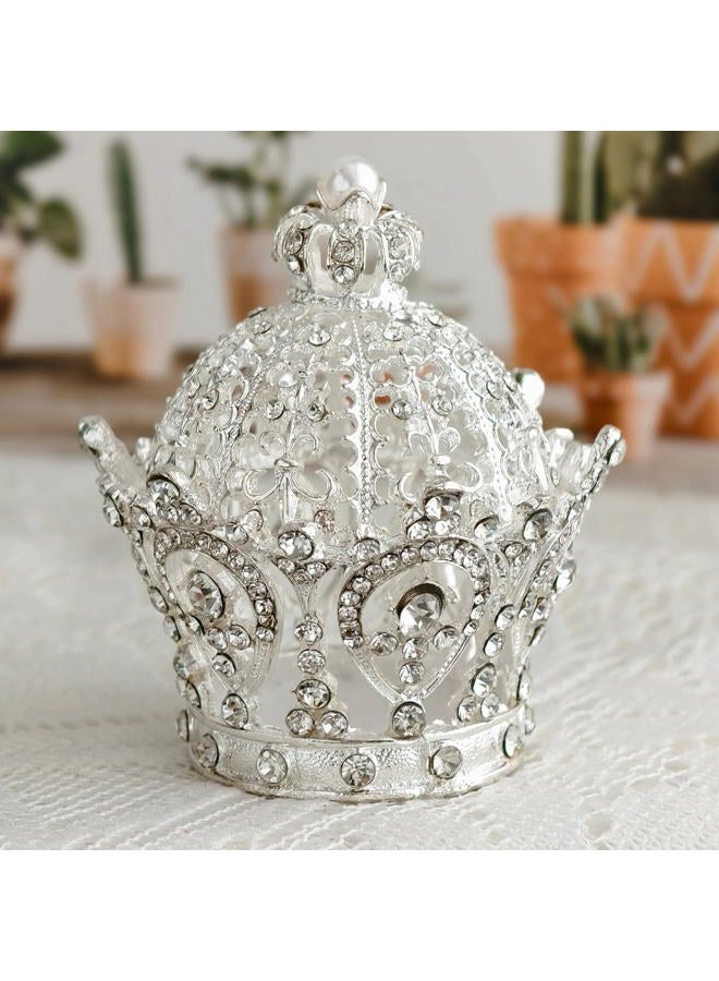 SEVENBEES Hinged Silver Crown Trinket Box, Collectible, Rhinestone-Adorned, Jeweled Enamel, Decorative Jewelry and Ring Holder Box - Image 1