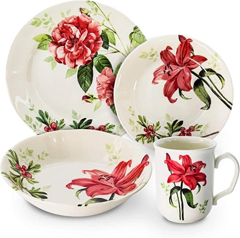 TUDOR ENGLAND Tudor Royal 12Piece Round Porcelain Dinnerware Set Service for 6 RosemarySummer Flowers Plates Bowls Dishes Glossy Premium Quality Dish Set Unique Pattern - Image 1