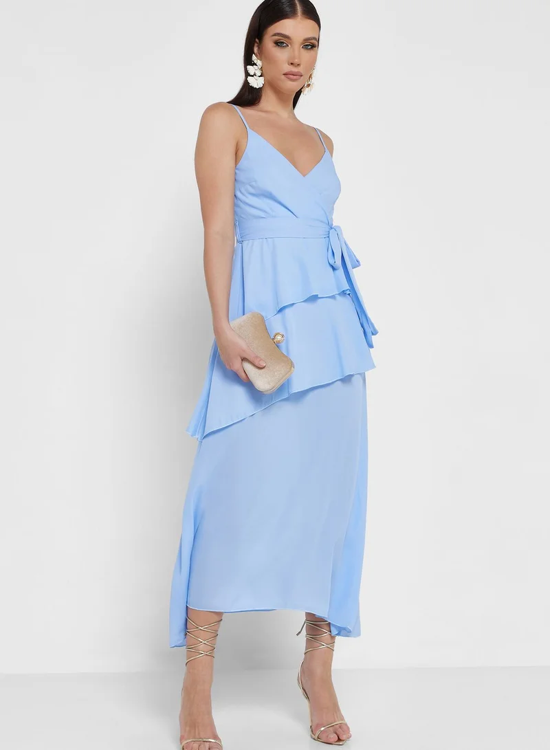 QUIZ Surplice Neck Ruffle Belted Dress