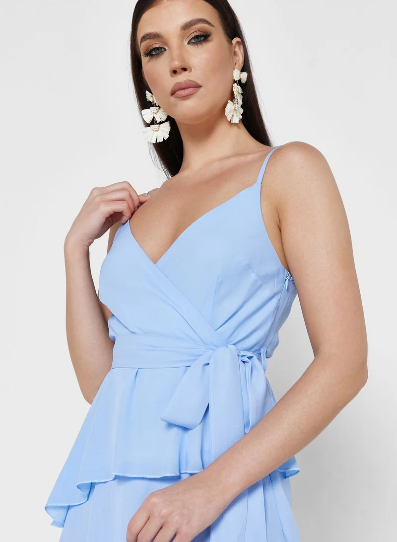 QUIZ Surplice Neck Ruffle Belted Dress