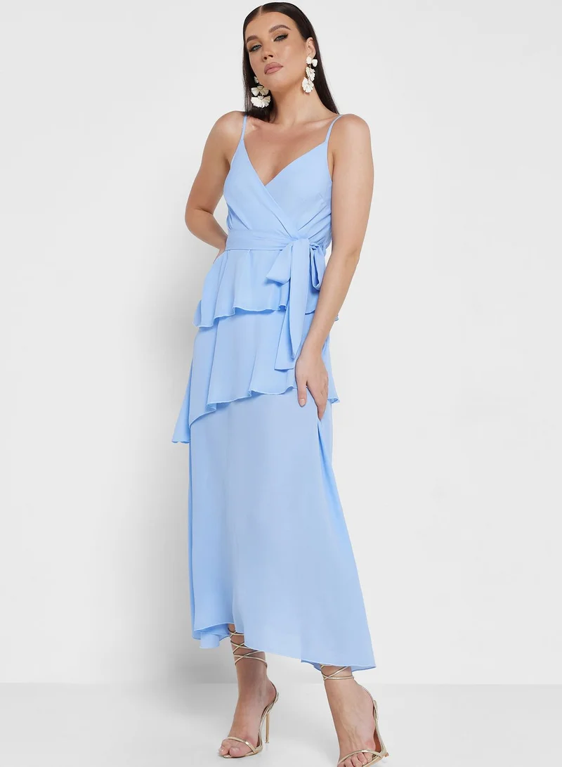QUIZ Surplice Neck Ruffle Belted Dress