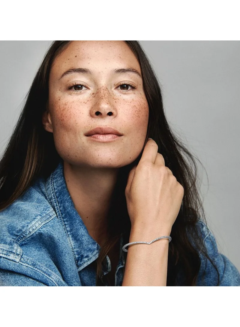 PANDORA Wishbone silver bangle with clear cubic zirconia, Size 19