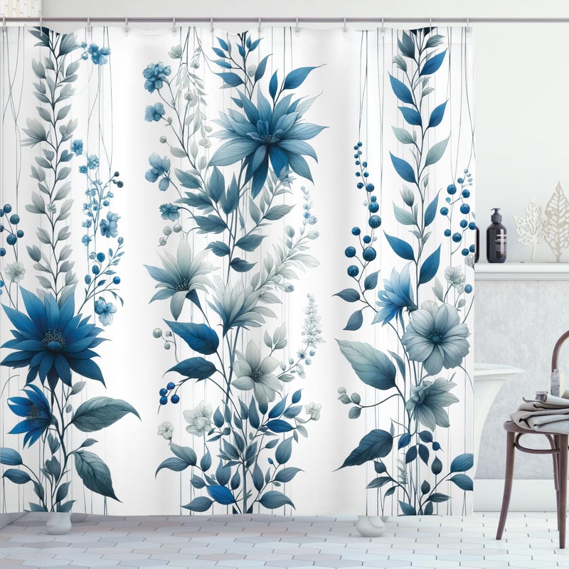 Ambesonne Blue Shower Curtain  Flowers Berry Branches and Leaves as Vertical Lines Cold Colored Garden  Cloth Fabric Bathroom Decor Set with Hooks  69"" W x 70"" L  Slate Blue and Sea Blue - Image 2
