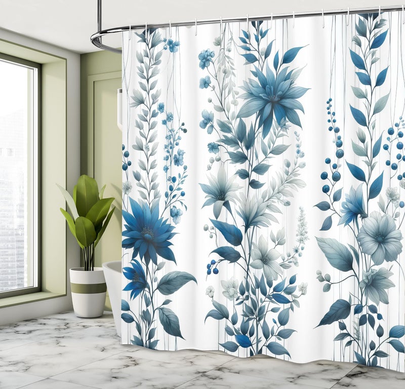 Ambesonne Blue Shower Curtain  Flowers Berry Branches and Leaves as Vertical Lines Cold Colored Garden  Cloth Fabric Bathroom Decor Set with Hooks  69"" W x 70"" L  Slate Blue and Sea Blue - Image 1