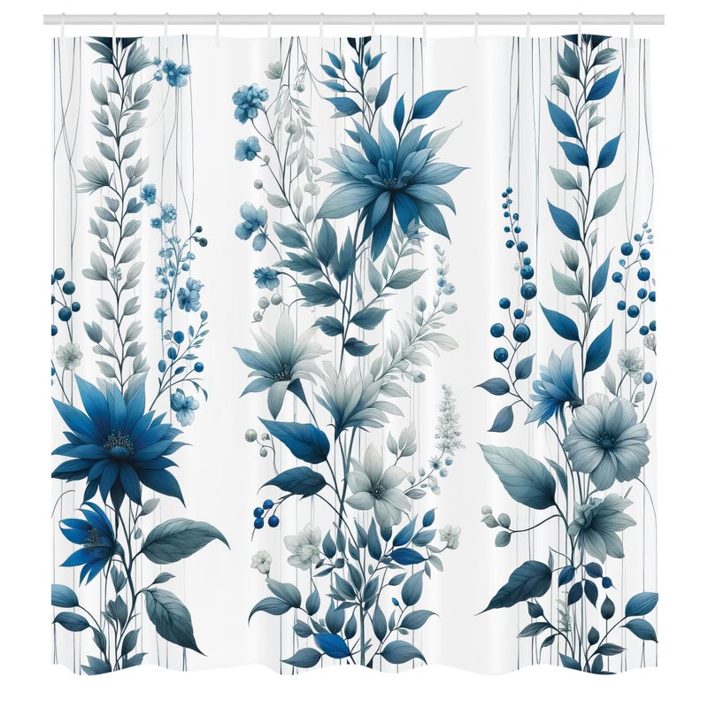 Ambesonne Blue Shower Curtain  Flowers Berry Branches and Leaves as Vertical Lines Cold Colored Garden  Cloth Fabric Bathroom Decor Set with Hooks  69"" W x 70"" L  Slate Blue and Sea Blue - Image 3