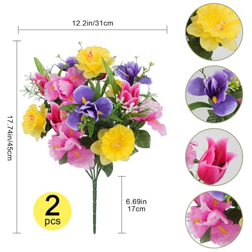 HO2NLE 14 Stems Artificial Daffodils Flowers Bouquet Mixed Fake Tulips Flowers 17 Bush Faux Silk Spring Floral Arrangements Grave Cemetery for Home Kitchen Table Centerpiece Indoor Decoration 2PCS - Image 3