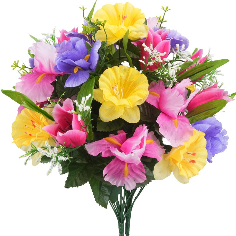 HO2NLE 14 Stems Artificial Daffodils Flowers Bouquet Mixed Fake Tulips Flowers 17 Bush Faux Silk Spring Floral Arrangements Grave Cemetery for Home Kitchen Table Centerpiece Indoor Decoration 2PCS - Image 2