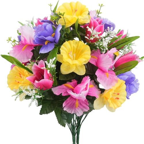 HO2NLE 14 Stems Artificial Daffodils Flowers Bouquet Mixed Fake Tulips Flowers 17 Bush Faux Silk Spring Floral Arrangements Grave Cemetery for Home Kitchen Table Centerpiece Indoor Decoration 2PCS - Image 1