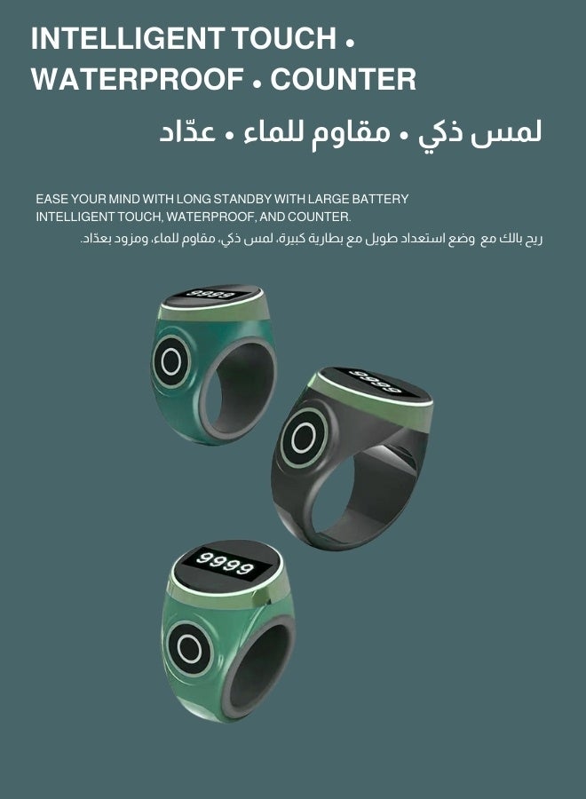 خاتم تسبيح ذكي بشاشة OLED عالية الدقة، شحن Type‑C مقاوم للماء مع سوار سيليكون قابل للتعديل بثلاث مقاسات 18/20/22 مم - Image 3