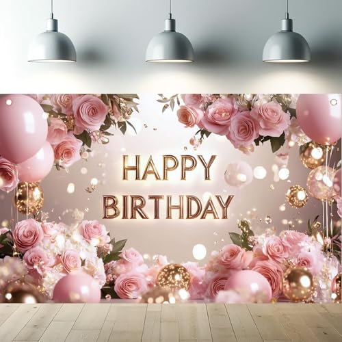 Saoplasa Pink Rose Happy Birthday Backdrop Banner Gold Letters Floral Photography Background Girls Birthday Party Decorations Elegant Party Supplies Photo Booth Props 71x43 Inch - Image 1