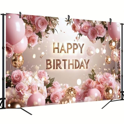 Saoplasa Pink Rose Happy Birthday Backdrop Banner Gold Letters Floral Photography Background Girls Birthday Party Decorations Elegant Party Supplies Photo Booth Props 71x43 Inch - Image 3