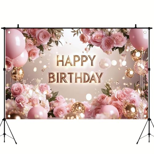 Saoplasa Pink Rose Happy Birthday Backdrop Banner Gold Letters Floral Photography Background Girls Birthday Party Decorations Elegant Party Supplies Photo Booth Props 71x43 Inch - Image 4