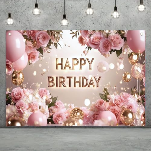 Saoplasa Pink Rose Happy Birthday Backdrop Banner Gold Letters Floral Photography Background Girls Birthday Party Decorations Elegant Party Supplies Photo Booth Props 71x43 Inch - Image 2