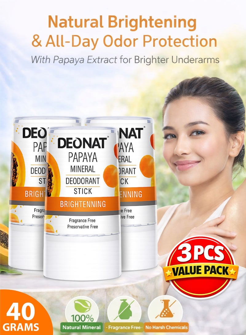ديونات مزيل عرق معدني بالبابايا 40 جرام تفتيح طبيعي حجر الشبة مزيل عرق طبيعي خالي من المواد الكيميائية خالي من العطور خالي من المواد الحافظة حماية طويلة من التعرق والرائحة تفتيح تحت الإبط للرجال والنساء عبوة اقتصادية 3 قطع - Image 1