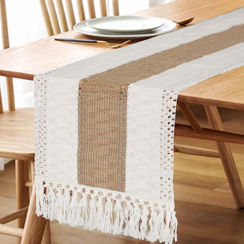 FEXIA Boho Table Runner for Thanksgiving Home Decor with Tassels 36 Inches Long Farmhouse Rustic Table Runner Cream & Brown Macrame for Boho Dining Bedroom Decor Rustic Bridal Shower (12x36 Inches) - Image 5