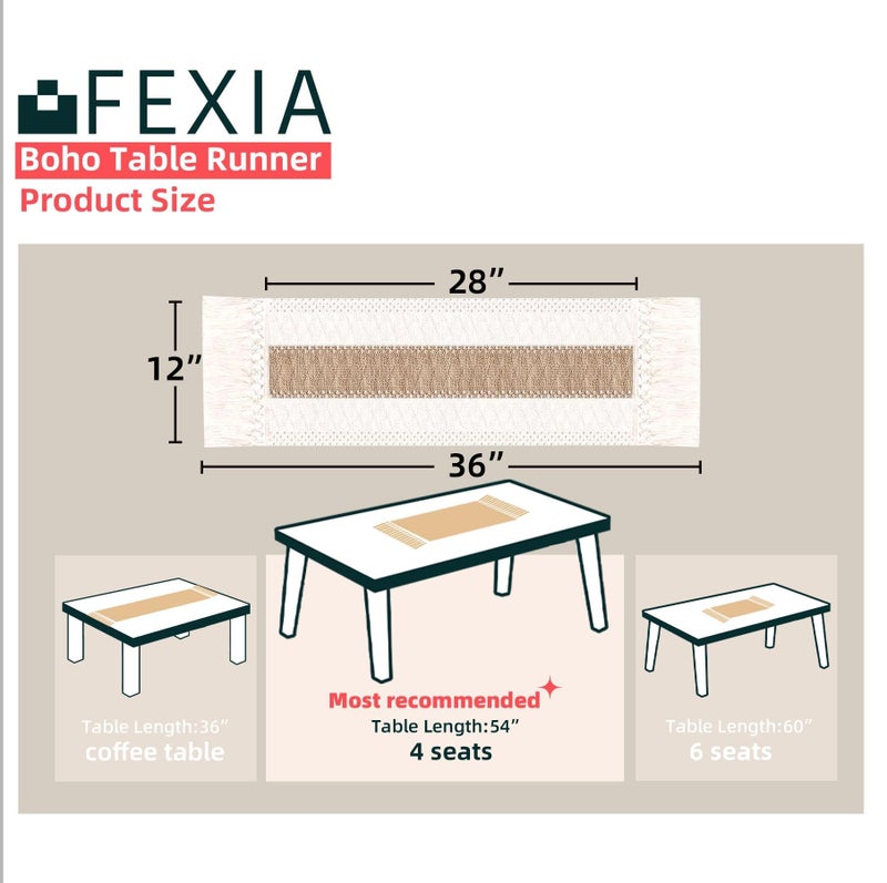 FEXIA Boho Table Runner for Thanksgiving Home Decor with Tassels 36 Inches Long Farmhouse Rustic Table Runner Cream & Brown Macrame for Boho Dining Bedroom Decor Rustic Bridal Shower (12x36 Inches) - Image 2