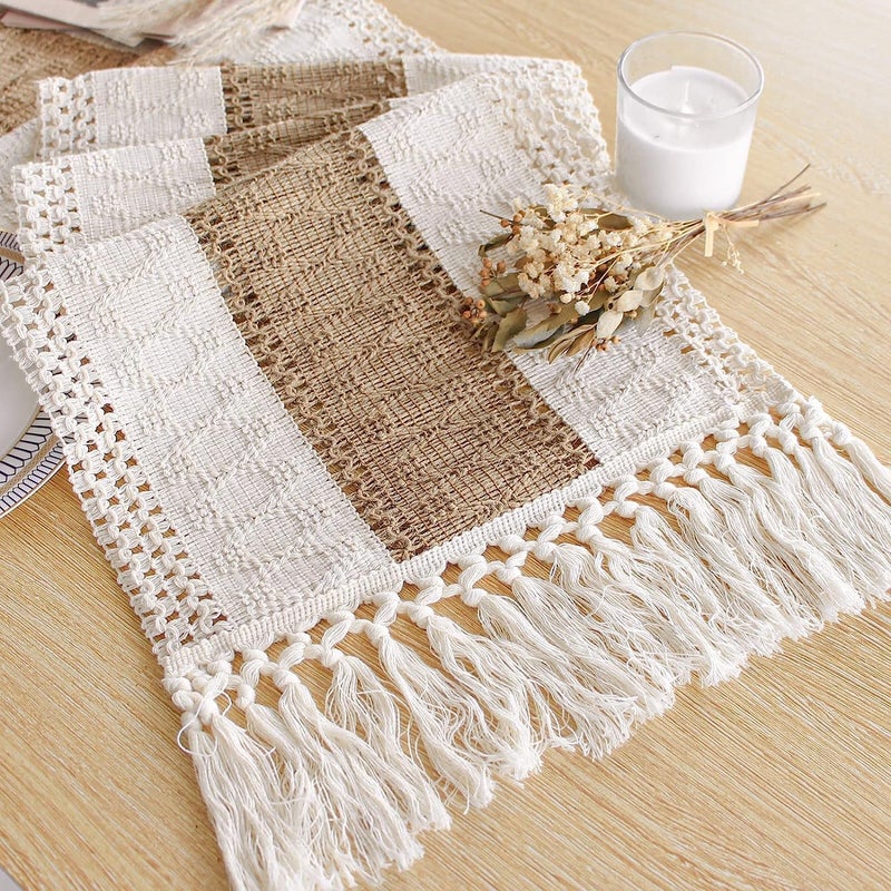 FEXIA Boho Table Runner for Thanksgiving Home Decor with Tassels 36 Inches Long Farmhouse Rustic Table Runner Cream & Brown Macrame for Boho Dining Bedroom Decor Rustic Bridal Shower (12x36 Inches) - Image 1