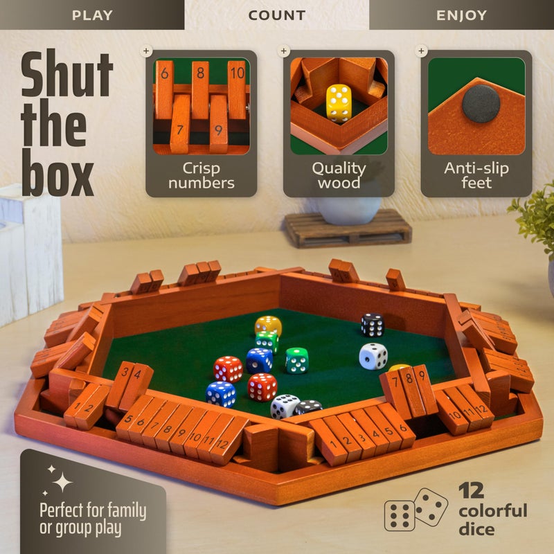 Queensell Shut The Box Game Wooden Board for 1-6 Players - 16-inch Shut The Box Game 12 Numbers for Adults & Kids - Ideal for Games Night - Image 2